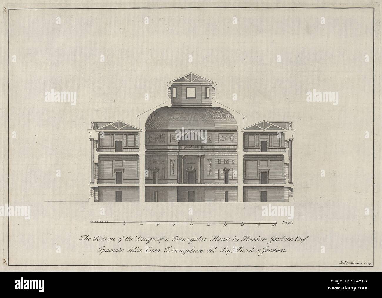Die Sektion des Entwurfs eines dreieckigen Hauses von Theodore Jacobsen Esqr., Paul Fourdrinier, französisch, nach Theodore Jacobsen, gestorben 1772, britisch, undatiert, Radierung auf mäßig dickem, leicht strukturiertem, cremefarbenen Papier, Blatt: 10 7/8 x 16 1/4 Zoll (27.7 x 41.2 cm), Platte: 9 11/16 x 13 9/16 Zoll (24.6 x 34.4 cm), und Bild: 9 5/16 x 13 1/8 Zoll (23.7 x 33.3 cm), Bögen, Architekturzeichnung, architektonisches Thema, Säulen, Querschnitt, Kuppel, Design, Höhe (Zeichnung), Haus, Maße, Neoklassik, Giebel, Plan (Zeichnung), Reliefs, Maßstab (Regel), Statuen, dreieckig, Fenster Stockfoto Die Sektion des Entwurfs eines dreieckigen Hauses von Theodore Jacobsen Esqr., Paul Fourdrinier, französisch, nach Theodore Jacobsen, gestorben 1772, britisch, undatiert, Radierung auf mäßig dickem, leicht strukturiertem, cremefarbenen Papier, Blatt: 10 7/8 x 16 1/4 Zoll (27.7 x 41.2 cm), Platte: 9 11/16 x 13 9/16 Zoll (24.6 x 34.4 cm), und Bild: 9 5/16 x 13 1/8 Zoll (23.7 x 33.3 cm), Bögen, Architekturzeichnung, architektonisches Thema, Säulen, Querschnitt, Kuppel, Design, Höhe (Zeichnung), Haus, Maße, Neoklassik, Giebel, Plan (Zeichnung), Reliefs, Maßstab (Regel), Statuen, dreieckig, Fenster Stockfoto