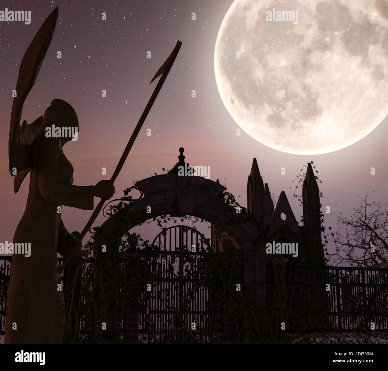 Engel des Todes vor einem Tor - Spooky Nachthintergrund mit Mond - 3d-Rendering Stockfoto
