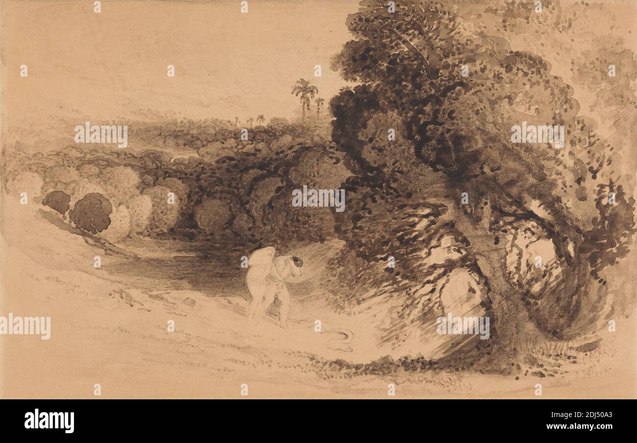 Vertreibung aus Eden, John Martin, 1789–1854, britisch, undatiert, Braunwäsche und Graphit mit Feder und brauner Tinte auf mäßig dickem, glattem, beigefarbenem, auf Bord montiertem Papier, Halterung: 11/16 x 26 cm (7 10 1/4 x 19.6 Zoll), Blatt: 7 5/16 x 9 15/16 Zoll (18.5 x 25.3 cm), und Bild: 4 3/4 x 7 1/2 Zoll (12 x 19 cm), Vertreibung von Adam und Eva aus dem Paradies (Genesis 3:22-24), Landschaft, Mann, Alte Testament, Palmen, religiöse und mythologische Thema, Traurigkeit, Schlange, Sünde, Reisen, Bäume, Wandern, Frau Stockfoto