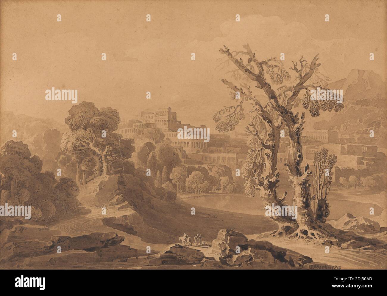 Classical City in Landscape, John Martin, 1789–1854, British, 1816, Brown wash with Pen and black ink on mäßig dick, smooth, beige wove paper mounted on Board, Mount: 8 1/4 x 11 1/16 inches (21 x 28.1 cm), Sheet: 8 1/4 x 11 1/16 inches (21 x 28.1 cm), and Image: 6 7/16 x 9 1/4 Zoll (16.4 x 23.5 cm), Gebäude, Stadtbild, Klassik, Säulen, Genre, Landschaft, Berge, Pfad, Teich, Straße, Bäume Stockfoto