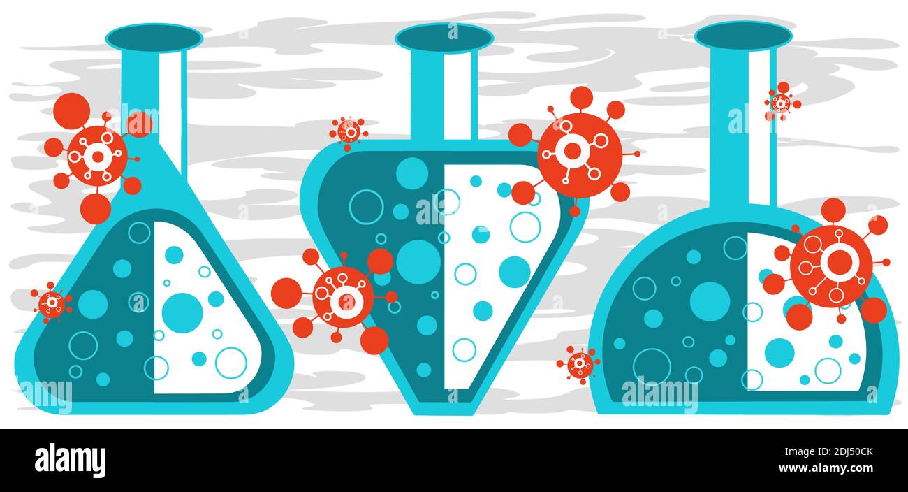 Coronavirus-Konzept - Viren und Flaschen mit Impfstoff. Drei verschiedene Impfstoffe. Ebenen werden nicht reduziert, Sie können jedes Element separat als i verwenden Stock Vektor