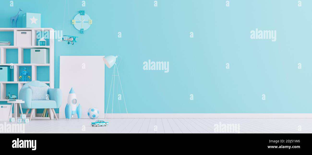 Kinderzimmereinrichtung in blauen Pastelltönen. Kleine Jungen Zimmer mit Kopierer Platz. 3d-Rendern 3d-Illustration Stockfoto