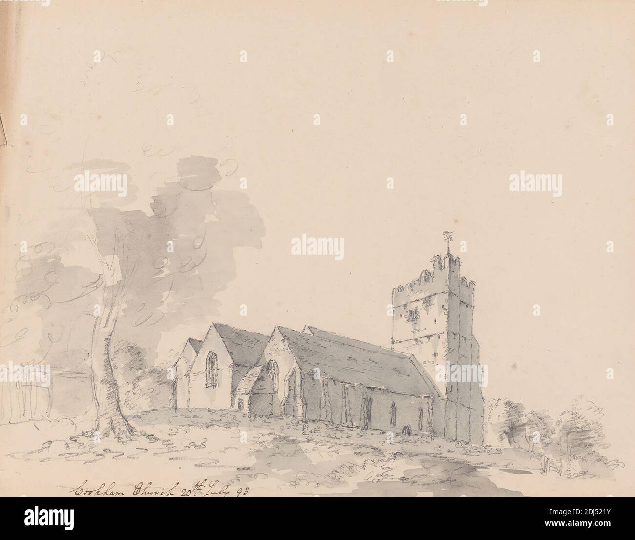 Holy Trinity Parish Church, Cookham, England, James Moore, 1762–1799, British, 1793, Graphit und Grau waschen auf Medium, leicht strukturiert, beige, webtes Papier, Blatt: 6 15/16 × 9 inches (17.6 × 22.9 cm Stockfoto