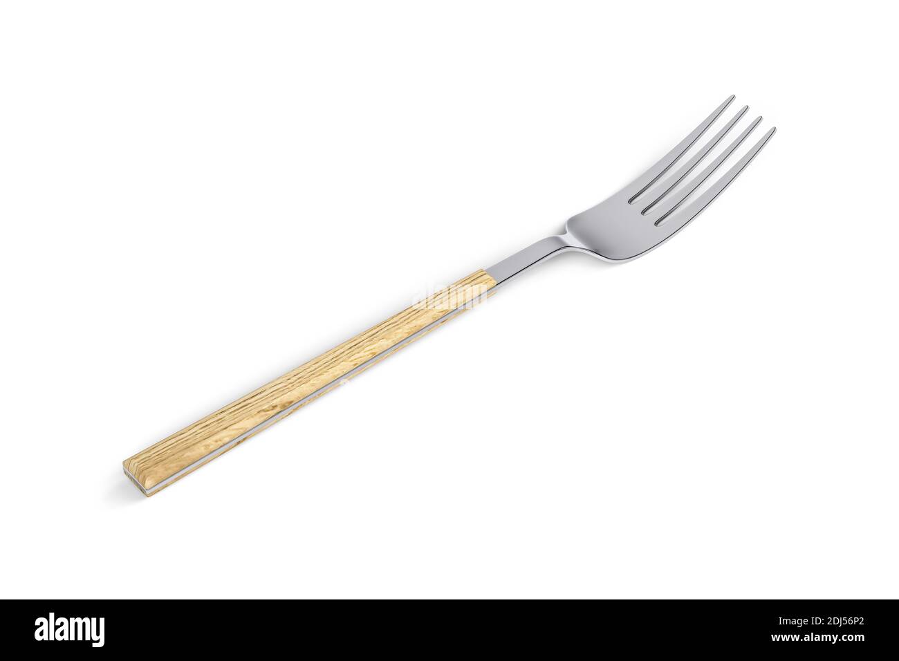 Edelstahlgabel mit Holzgriff isoliert auf weißem Hintergrund - 3D-Rendering Stockfoto