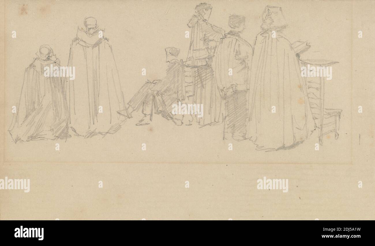 Studien von Figuren in einer Kirche, David Roberts, 1796–1864, britisch, undatiert, Graphit auf Medium, leicht strukturiert, cremefarbenes Wove-Papier, Blatt: 4 1/4 × 8 inches (10.8 × 20.3 cm), Stuhl, Kirche, Kostüm, Figurenstudie, Figuren, Genresubjekt, Priester, Roben Stockfoto