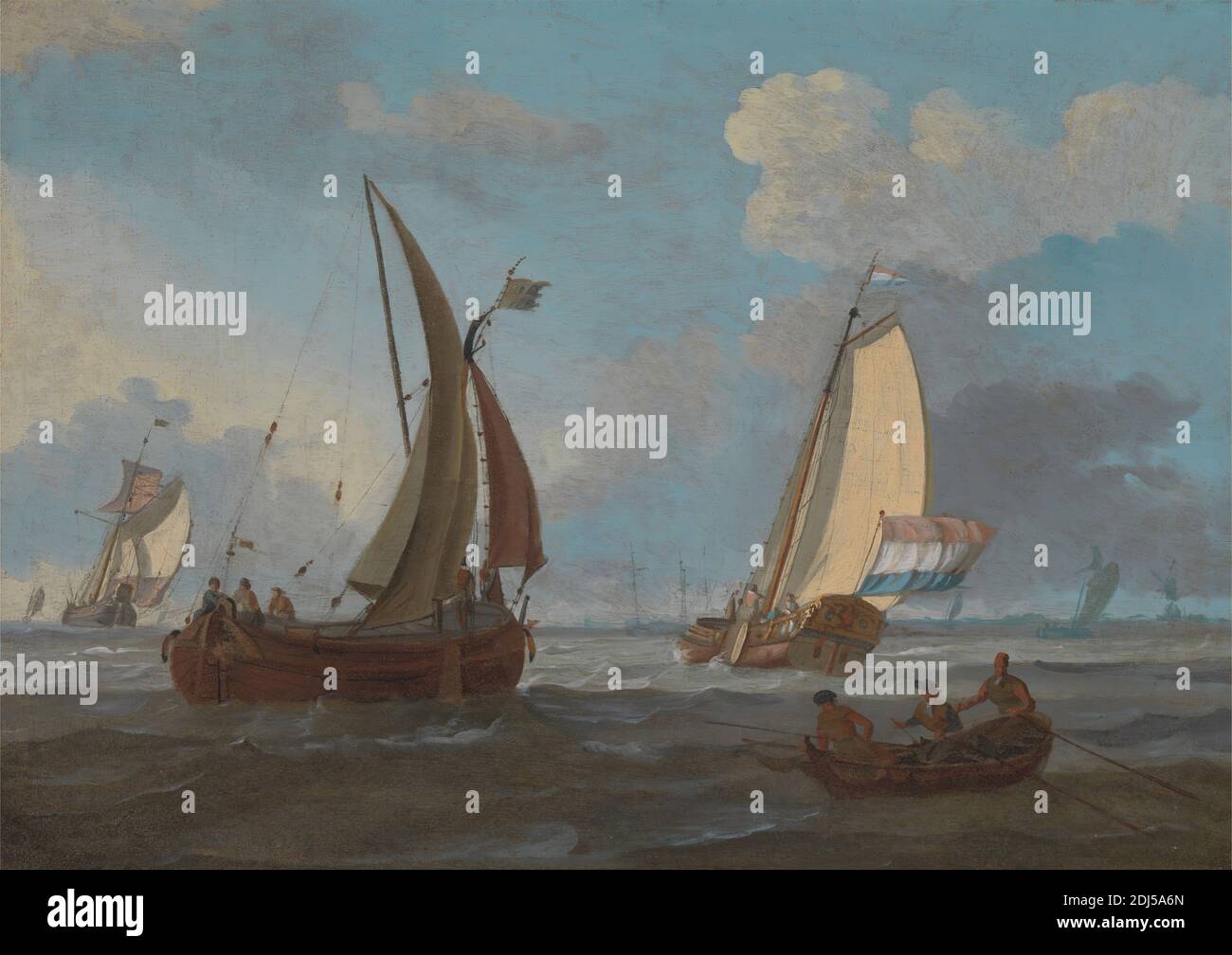 Dutch Shipping off the Low Countries, Adam Silo, ca. 1674–1772, Holländisch, 18. Jahrhundert, Öl auf Tafel, Stütze (PTG): 9 x 12 3/4 Zoll (22.9 x 32.4 cm), Lastkähne, Holländisch, Meereskunst, Kaufleute, Ruderboot, Seeleute, Meer, Schiffe, Schiffsschlaufen (Segelschiffe), Wellen (Naturereignisse), niedrige Länder Stockfoto