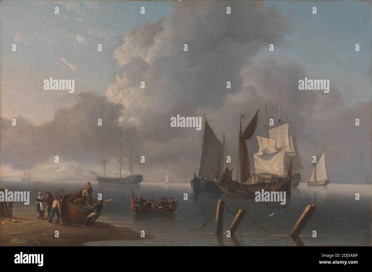 Kriegsschiffe liegen auf See, der kommandierende Admiral wird gerudert, um sich dem Flaggschiff zu verbinden, ihre Segel beleuchtet von einem Bruch in den Wolken, Charles Martin Powell, 1775 –1824, britisch, Anfang des 19. Jahrhunderts, Öl auf Leinwand, Unterstützung (PTG): 23 3/4 × 35 7/8 Zoll (60.3 × 91.1 cm), Admiral, Lastkähne, Strand, Wolken, Fahnen, Meereskunst, Männer, Ruderboote, Matrosen, Meer, Schiffe der Linie, Ufer (Landform), Schlingen (Segelschiffe), Kriegsschiffe Stockfoto