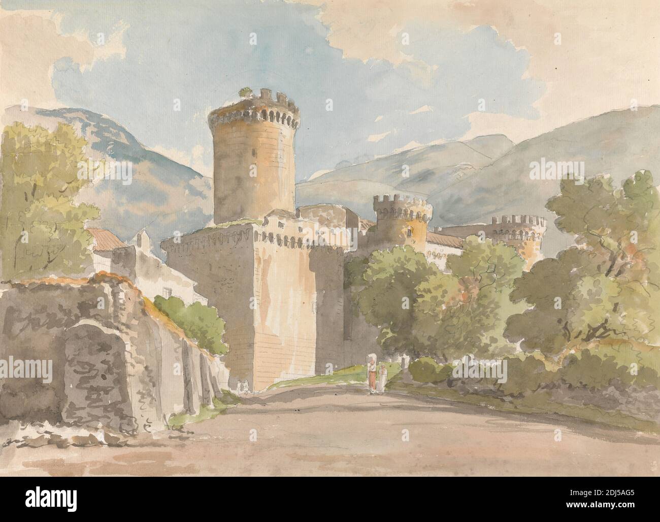 Fondi: Il Castello, Carlo Labruzzi, 1748–1817, italienisch, undatiert, Aquarell und Graphit auf Medium, leicht strukturiert, cremefarbenes Papier, Blatt: 15 1/4 × 21 cm (53.3 × 38.7 Zoll), architektonisches Motiv, Fondi Stockfoto