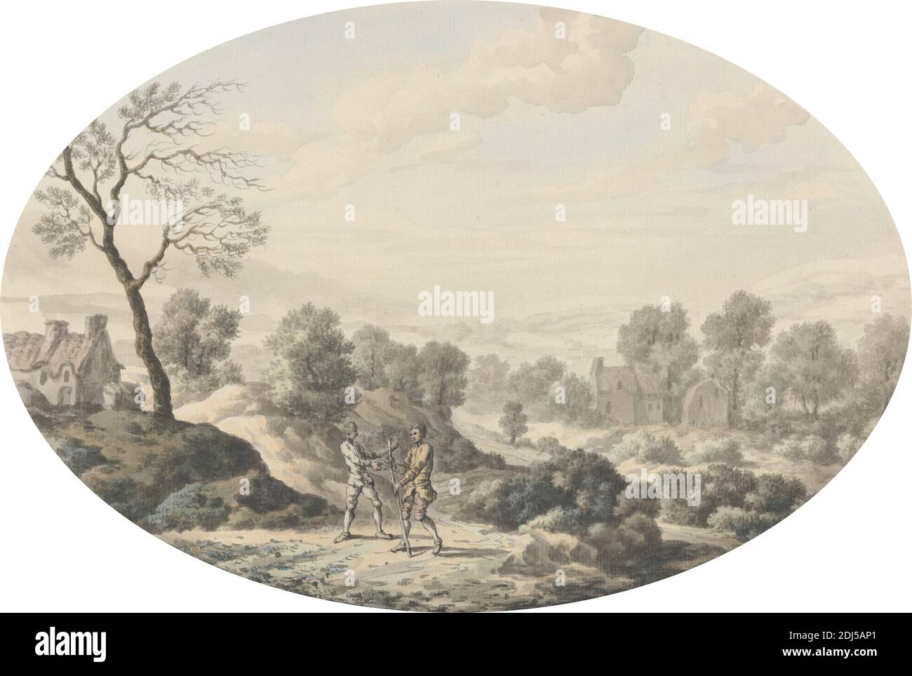 Landschaft mit zwei Männern auf einer Straße, George Lambert, 1700–1765, britisch, undatiert, Aquarell, Feder und schwarze Tinte und Graphit auf Medium, leicht strukturiert, cremefarbenes Papier, Blatt: 8 7/8 x 13 (22.5 x 33,5 cm) und Blatt: 12 1/4 × 17 Zoll (31.1 × 43.2 cm), Landschaft, Männer, Straße, Sträucher, Bäume Stockfoto