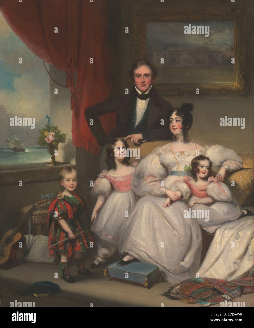 An English Family in Macao, George Chinnery, 1774–1852, British, ca. 1835, Öl auf Leinwand, Support (PTG): 28 3/4 x 23 1/8 Zoll (73 x 58.7 cm), schwarz, blau, Junge, Bruder, Kinder, Wolken, Mantel, Kragen, Gespräch Stück, Couch, Landhaus, Landhaus, Vorhang, Töchter, Kleider, Ohrringe, Familie, Vater, Blumen (Pflanzen), Rahmen (Einrichtung), Mädchen, grün (Farbe), Gitarre, Mann, Mutter, Musik, Ozean, Malerei (Visuelle Arbeit), rosa (Farbe), kariert, Porträt, rot, Schiff, Schwestern, Sohn, Wandteppich, Weste (Hauptgewand), weiß (Farbe), Fenster, Frau, gelb Stockfoto