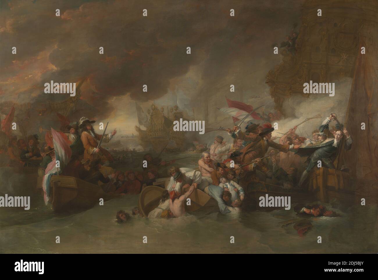 The Battle of La Hogue, Benjamin West, 1738–1820, Amerikaner, aktiv in Großbritannien (ab 1763), und John Trumbull, 1756–1843, Amerikaner, 1778, retuschiert 1806, Öl auf Leinwand, Stütze (PTG): 64 3/4 x 96 1/4 Zoll (164.5 x 244.5 cm), Schlacht, Bajonette, Boote, Kostüm, Tod, Drama, Galionsfigur, Feuer, Flaggen, Flotten, La Hogue, Schlacht von, 1692, Longboats, Meereskunst, Militärkunst, Meer, Schiffe, Schiffe der Linie, Rauch, Soldaten, Soleil Royal, Schwerter, Krieg, Kriegsschiffe, Basse-Normandie, Europa, Frankreich, La Hogue, Manche Stockfoto