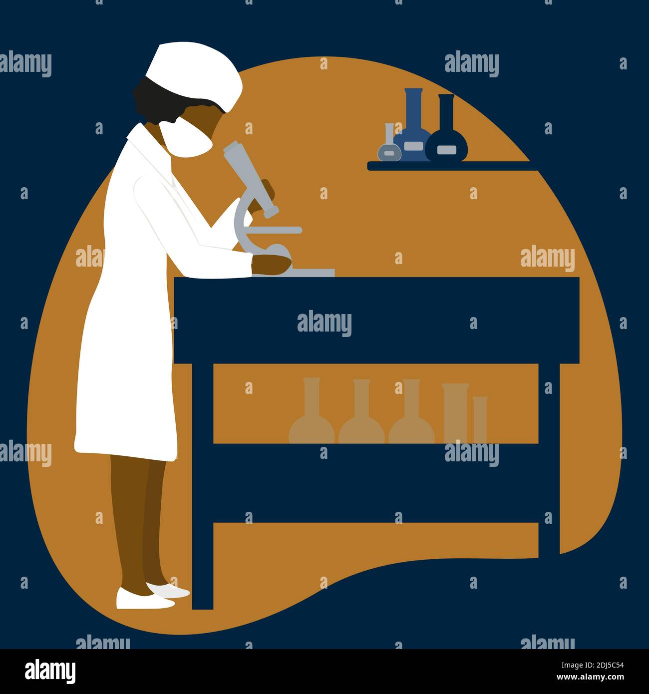 Eine Wissenschaftlerin schaut im chemischen Labor durch ein Mikroskop. Weiblich beteiligt Wissenschaft, Forschung. Vektorgrafik Stock Vektor
