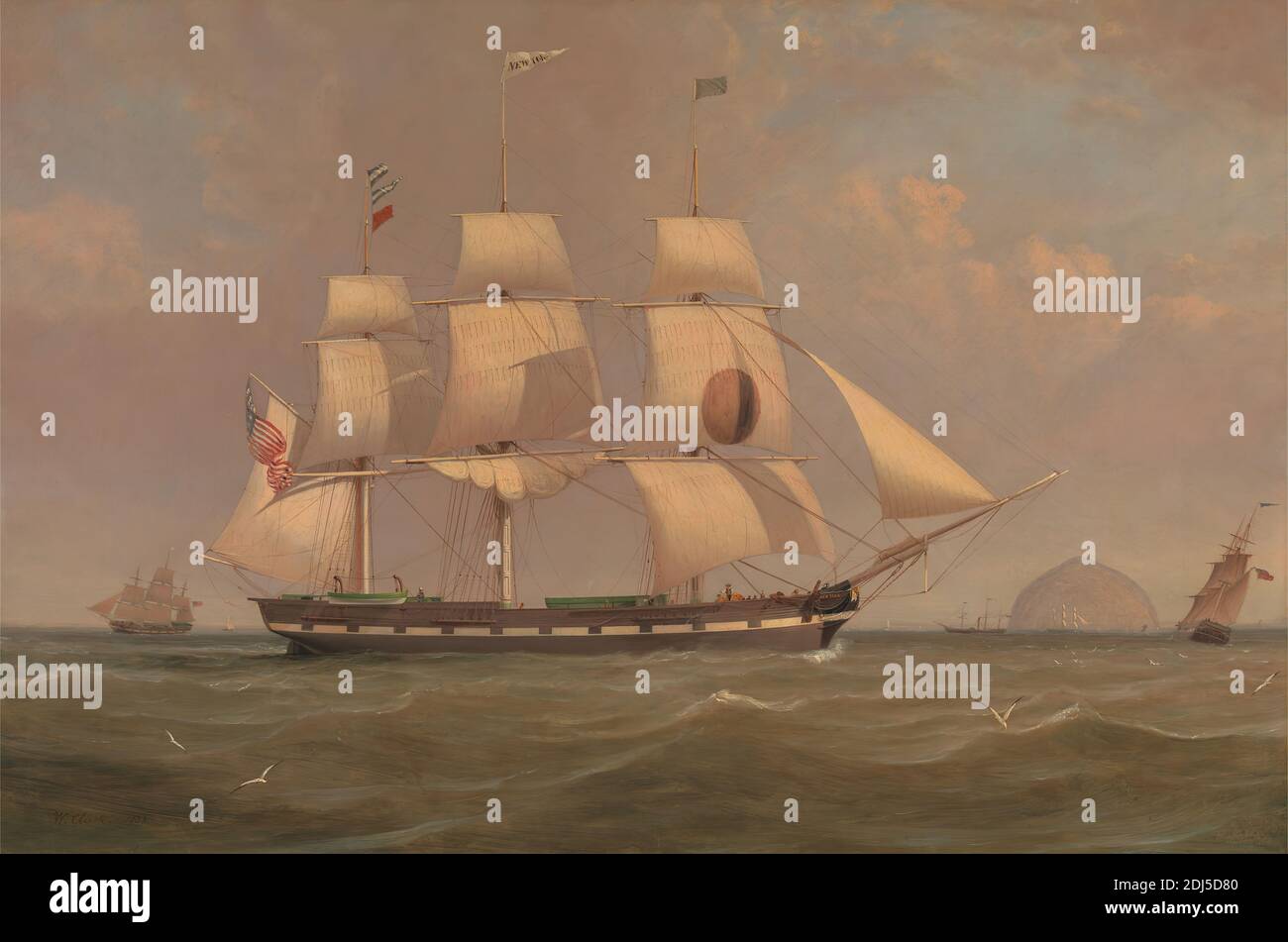 The Black Ball Line Packet Ship 'New York' off Ailsa Craig, William Clark,  1803–1883, British, 1836, Öl auf Leinwand, Support (PTG): 24 x 36 Zoll (61 x  91.4 cm), Amerikaner, Vögel, Flaggen,