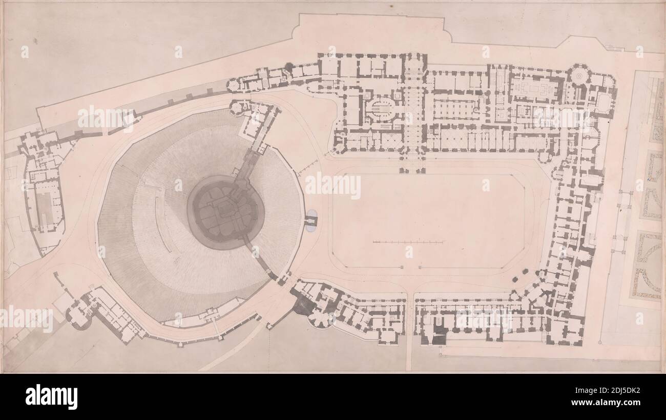 Windsor Castle, Berkshire: Plan im Erdgeschoss, Studio of Sir Jeffry Wyatville, 1766–1840, britisch, nach 1830, Aquarell und Feder und schwarze Tinte auf leicht strukturiertem, mittelschwerem, cremefarbenem Wove-Papier, Blatt: 16 1/8 × 28 5/8 Zoll (41 × 72.7 cm), architektonisches Motiv Stockfoto