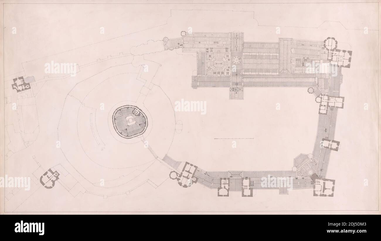 Windsor Castle, Berkshire: Principal Floor Plan, Studio of Sir Jeffry Wyatville, 1766–1840, britisch, nach 1830, Aquarell, Feder und schwarze Tinte, Graphit auf leicht strukturiertem, mäßig dickem, cremefarbenem Papier, Blatt: 16 1/2 × 28 7/8 cm (73.3 × 41.9 Zoll), architektonisches Motiv Stockfoto