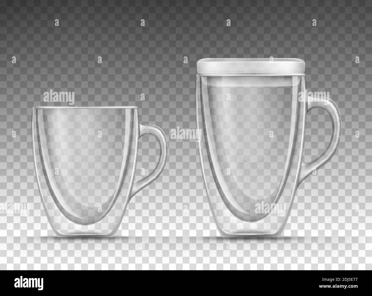 Vektor-Illustration von leeren Glas Tasse mit doppelten Wänden für Getränke in einem realistischen Stil isoliert auf einem transparenten Hintergrund. Becher mit Henkel und Deckel. Mock up, Vorlage von Glaswaren für heiße Getränke Stock Vektor