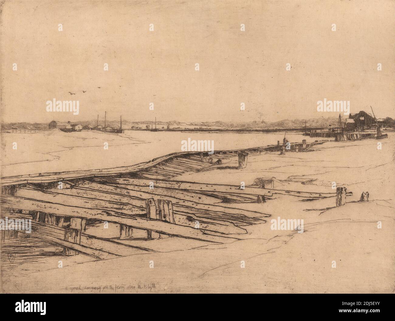 Ein ruhiger Abend auf der Fähre über den Blyth, Sir Frank Short, 1857–1945, Britisch, 1890, Ätzung und Trockenpunkt auf gegelegtem Papier, Platte: 6 x 8 Zoll (15.2 x 20,3 cm) und Blatt: 7 7/8 x 9 5/8 Zoll (20 x 24,4 cm Stockfoto