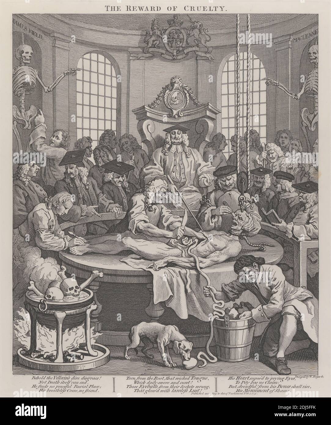 The Fourth Stage of Cruelty: The Reward of Cruelty, Druck von William Hogarth, 1697–1764, britisch, 1751, gedruckt 1790, Strichgravur auf dickem, weißem, glattem Wove-Papier, Blatt: 24 7/8 x 19 1/4 Zoll (63.2 x 48.9 cm), Tafel: 15 1/4 x 12 3/4 Zoll (38.7 x 32.4 cm), und Blatt: 14 x 11 3/4 Zoll (35.6 x 29.8 cm), anatomische Studie, Anatomie, Knochen (Material), Grausamkeit, Hund (Tier), Feuer, Genre Thema, Messer, Vortrag, Medizin, Männer, Mörsertafeln, Seil, Schule, Wissenschaft, Skelette, Schädel, Folter, Wasser Stockfoto