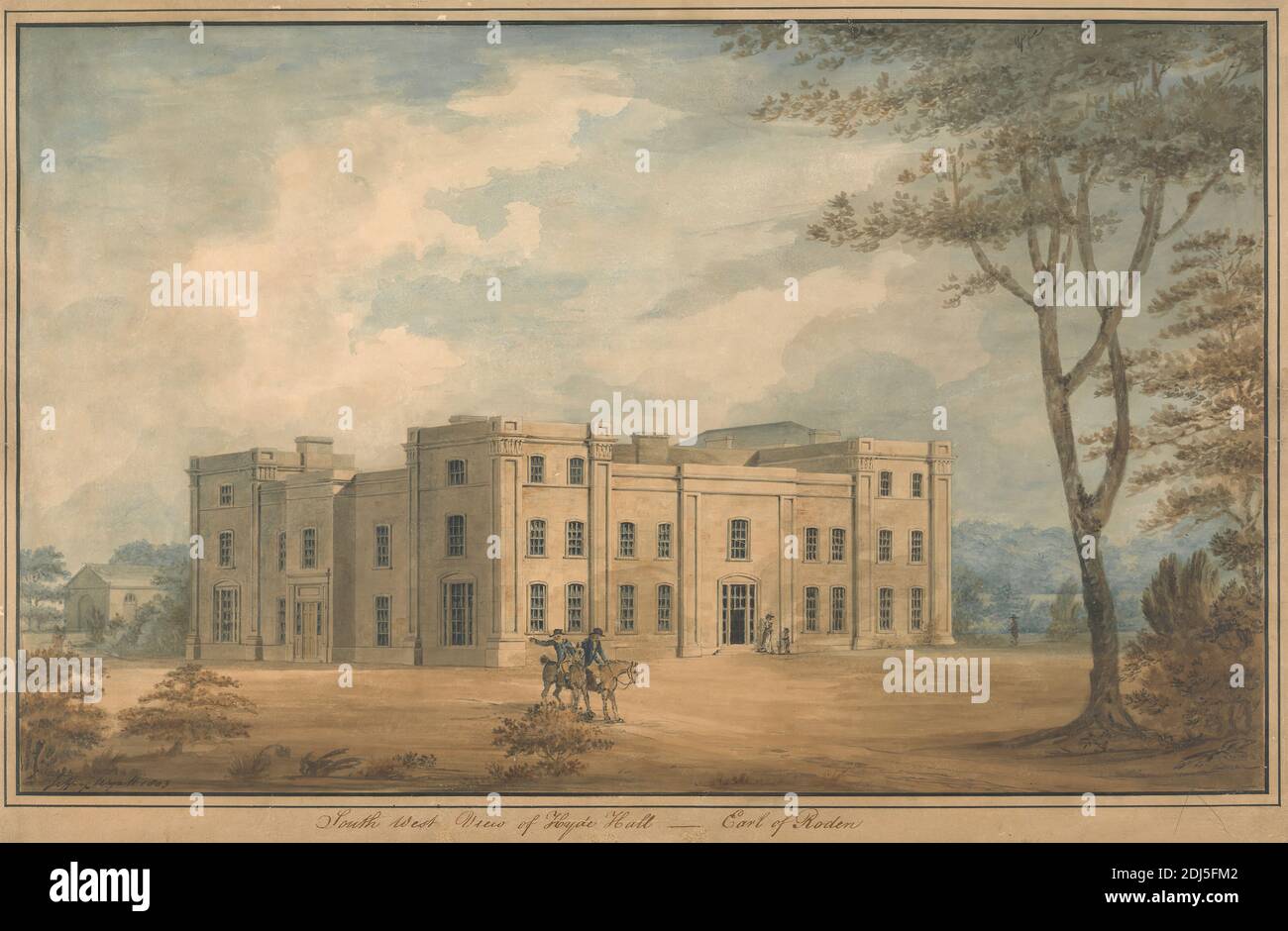 Hyde Hall, Hertfordshire: Perspective View, Sir Jeffry Wyatville, 1766–1840, British, 1803, Aquarell und Feder sowie braune und schwarze Tinte auf mittlerem, leicht strukturiertem, cremefarbenem Wove-Papier, Blatt: 12 5/8 × 19 Zoll (32.1 × 48.3 cm), architektonisches Motiv Stockfoto