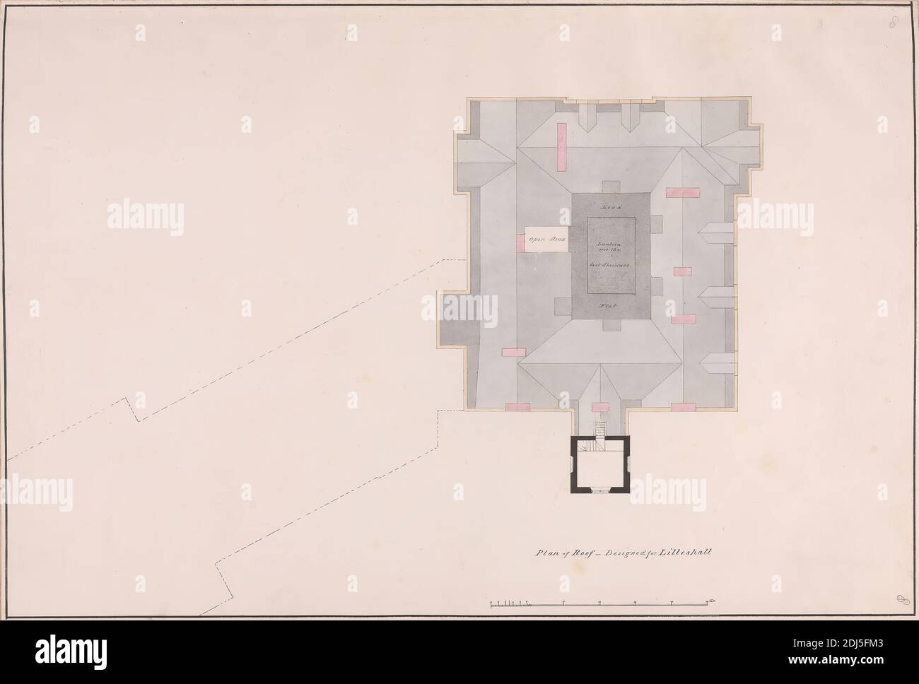 Lilleshall, Shropshire: Plan of Roof, Sir Jeffry Wyatville, 1766–1840, British, 1826, Graphit, Stift und schwarze Tinte, Grauwäsche und Aquarell auf leicht strukturiertem, mittlerem, weiß gewobeltem Papierstabmaßstab von 1/12 Zoll bis 1 Fuß, Blatt: 12 7/8 × 19 Zoll (32.7 × 48.3 cm), architektonisches Motiv Stockfoto