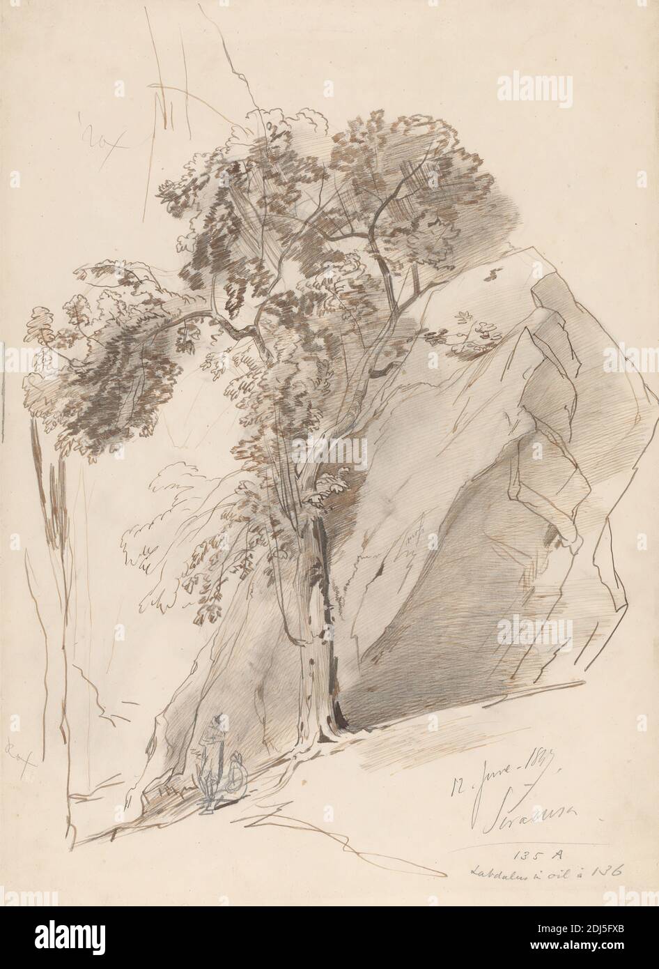 Siracusa, 12. Juni 1847, Edward Lear, 1812–1888, Britisch, 1847, Stift in brauner Tinte über Graphit auf mittlerem, mäßig strukturiertem, cremefarbenem Wove-Papier, Blatt: 15 13/16 x 11 9/16 Zoll (40.2 x 29.4 cm), Figuren (Darstellungen), Landschaft, Felsen (Landformen), Studie (visuelle Arbeit), Baum, Italien, Sizilien, Siracusa Stockfoto