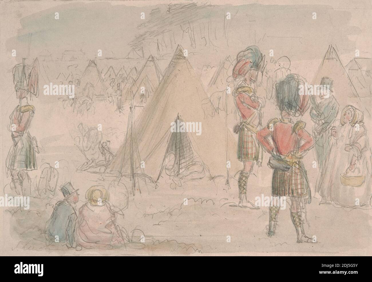 Highland Regiment in Camp, John Leech, 1817–1864, britisch, undatiert, Aquarell und Graphit auf Medium, leicht strukturiert, beigefarbenes Papier, Blatt: 16 1/8 × 8 7/8 Zoll (41 × 22.5 cm Stockfoto