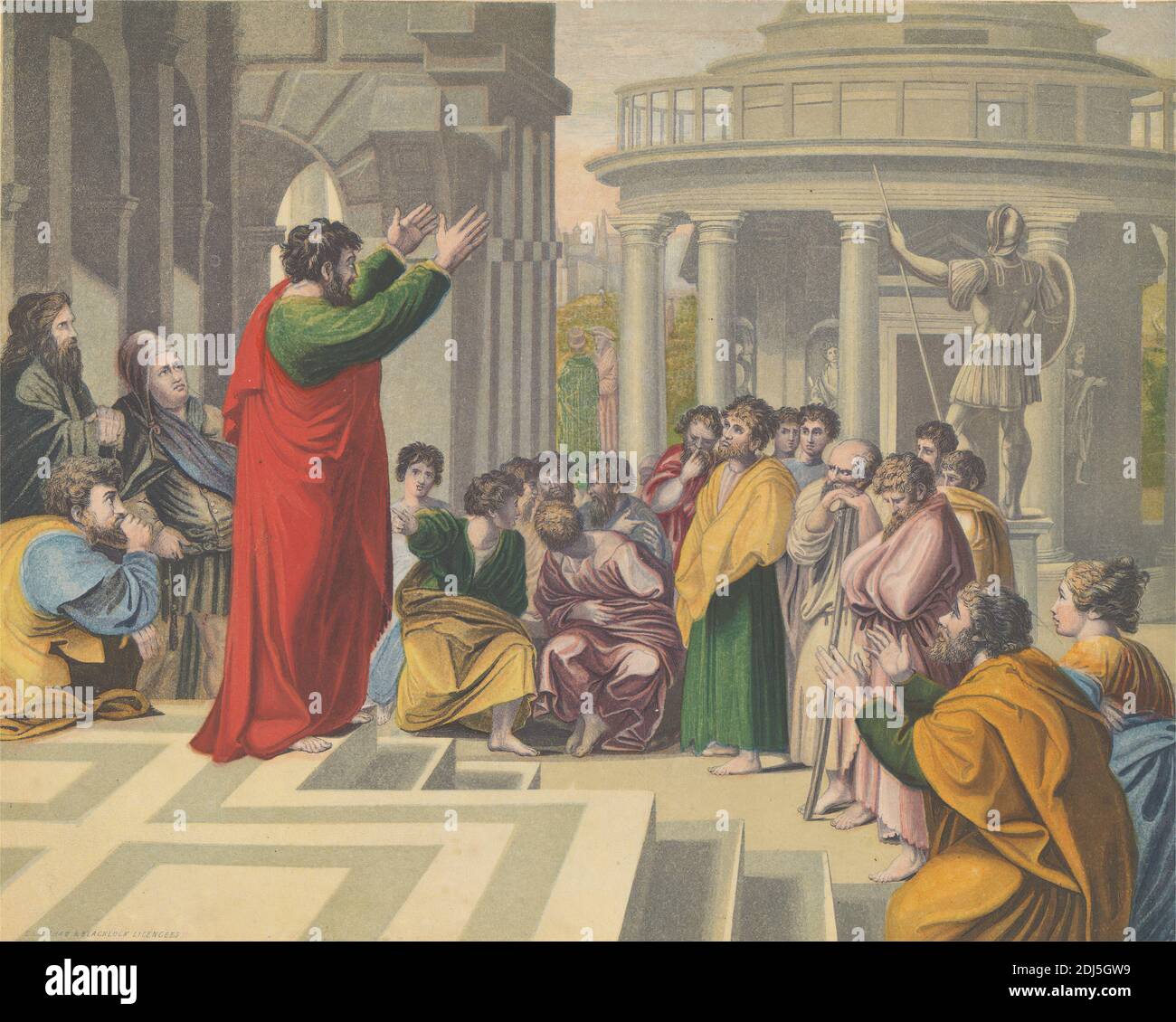 St. Paul Prediging in Athens, George Baxter, 1804–1867, British, after Raphael, Italian, 1483–1520, Italian, Print Made by Bradshaw & Blacklock, Active ca. 1850, British, Published by Bradshaw & Blacklock, Active ca. 1850, British, after 1855, Aquatint, Radierung, Stippelgravur und Farbholzschnitt auf dickem, glattem, cremefarbenem, mitteldickem, Glattes, beigefarbenes Papier, Bild: 7/8 x 18.7 cm (5 3/8 x 7 14.9 Zoll), Bögen, Architektur, Balustrade, Bärte, Bärten, Christen, Umhänge, Säulen, Jünger, Diskussion, Gestik, Hören, Neues Testament, Paulus in Athen Stockfoto