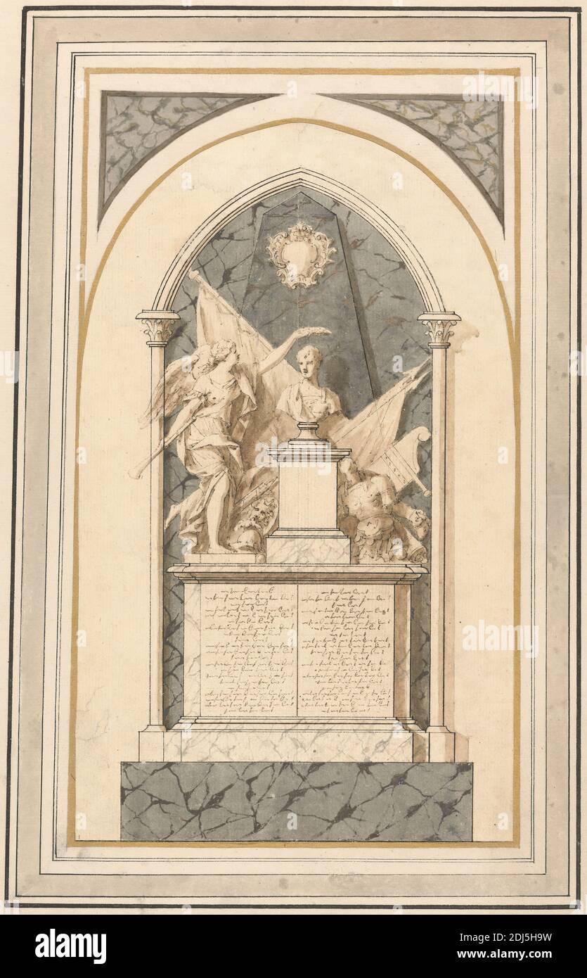 Admiral Vernon's Monument in Westminster Abbey, John Michael Rysbrack, 1694–1770, Flämisch, aktiv in Großbritannien (ab 1720), ca. 1763, Braun und schwarze Tinte mit braun und grau waschen über Graphit auf Medium, leicht strukturiert, Creme gelegt Papier auf dicken, leicht strukturiert, creme gelegt Papier, Blatt: 11 11/16 x 6 13/16in. (29.7 x 17,3 cm), Blatt: 11 1/4 × 6 7/8 Zoll (28.6 × 17.5 cm) und Halterung: 16 1/2 × 11 3/4 Zoll (41.9 × 29.8 cm), architektonisches Motiv Stockfoto