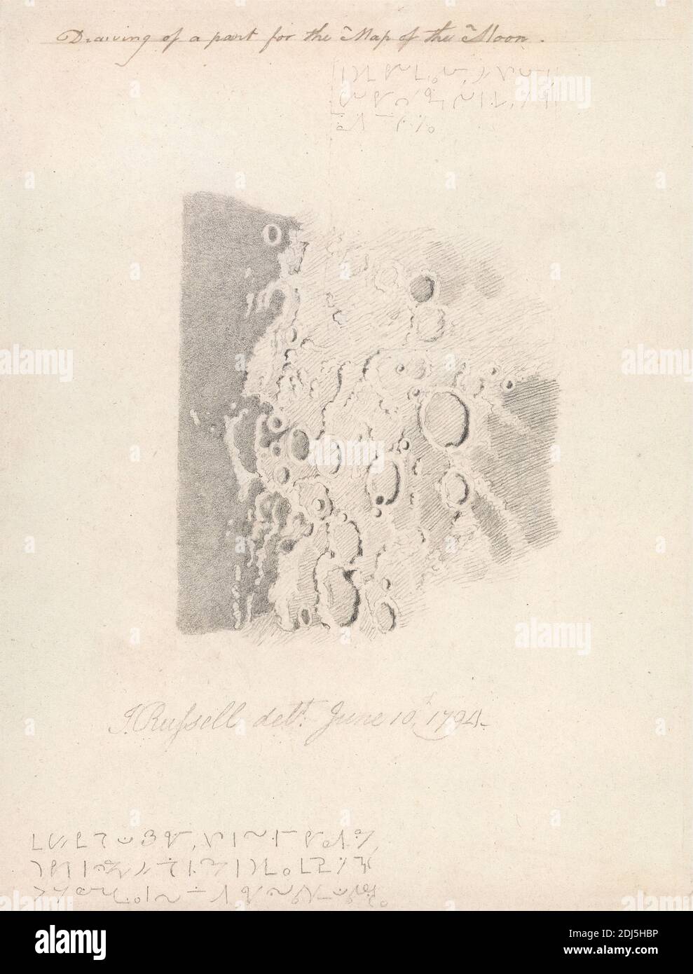 Eine Zeichnung eines Teils für die Mondkarte, John Russell, 1745–1806, British, 1794, Graphit auf mittlerem, leicht strukturiertem, blauem, weißem Wove-Papier, Blatt: 8 x 6 1/8 Zoll (20.3 x 15.6 cm), Landschaft, Karten, Mond Stockfoto