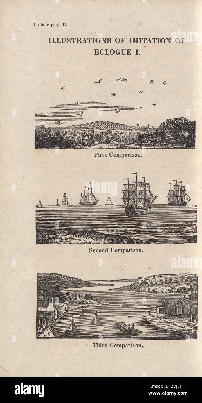 Illustrationen von Imitation of Ecogue I, Page 17, William Blake, 1757–1827, britisch, Published by Robert John Thornton, 1768–1837, britisch, 1821, Holzstich und Buchdruck auf Medium, leicht strukturiert, cremefarbenes Wove-Papier, Spine: 7 1/8 Zoll (18.1 cm), Sheet: 7 x 4 1/8 Zoll (17.8 x 10.5 cm), Image: 1 1/4 x 2 7/8 Zoll (3.2 x 7.3 cm), Bild: 1 1/4 x 2 7/8 Zoll (3.2 x 7.3 cm) und Bild: 1 1/8 x 2 7/8 Zoll (2.9 x 7.3 cm), Vögel, Getreide, Landschaft, Meereskunst, Floß, Fluss, Segelboote, Meer, Schiffe Stockfoto