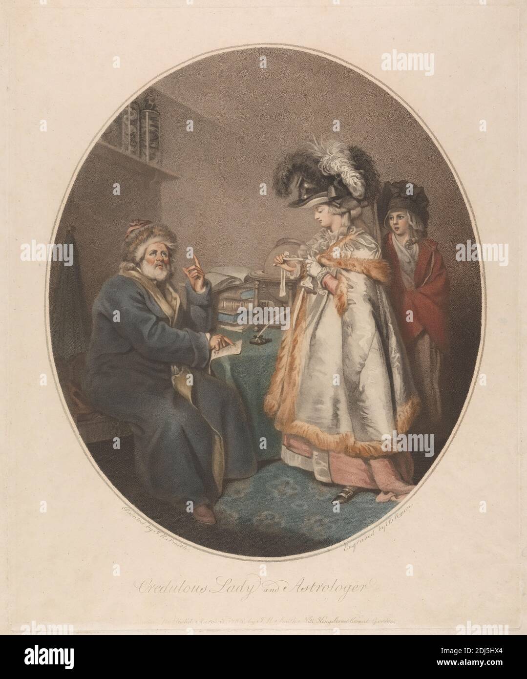 Gudulous Lady and Astrologer, Peter Simon, 1750–1810, nach John Raphael Smith, 1752–1812, britisch, 1786, Farbstich, Blatt: 18 1/4 x 15 Zoll (46.4 x 38,1 cm), NICHT VERWENDEN: 18 1/4 Zoll (46,4 cm), NICHT VERWENDEN: 15 Zoll (38,1 cm) und Platte: 17 x 13 7/8 Zoll (43.2 x 35,2 cm Stockfoto