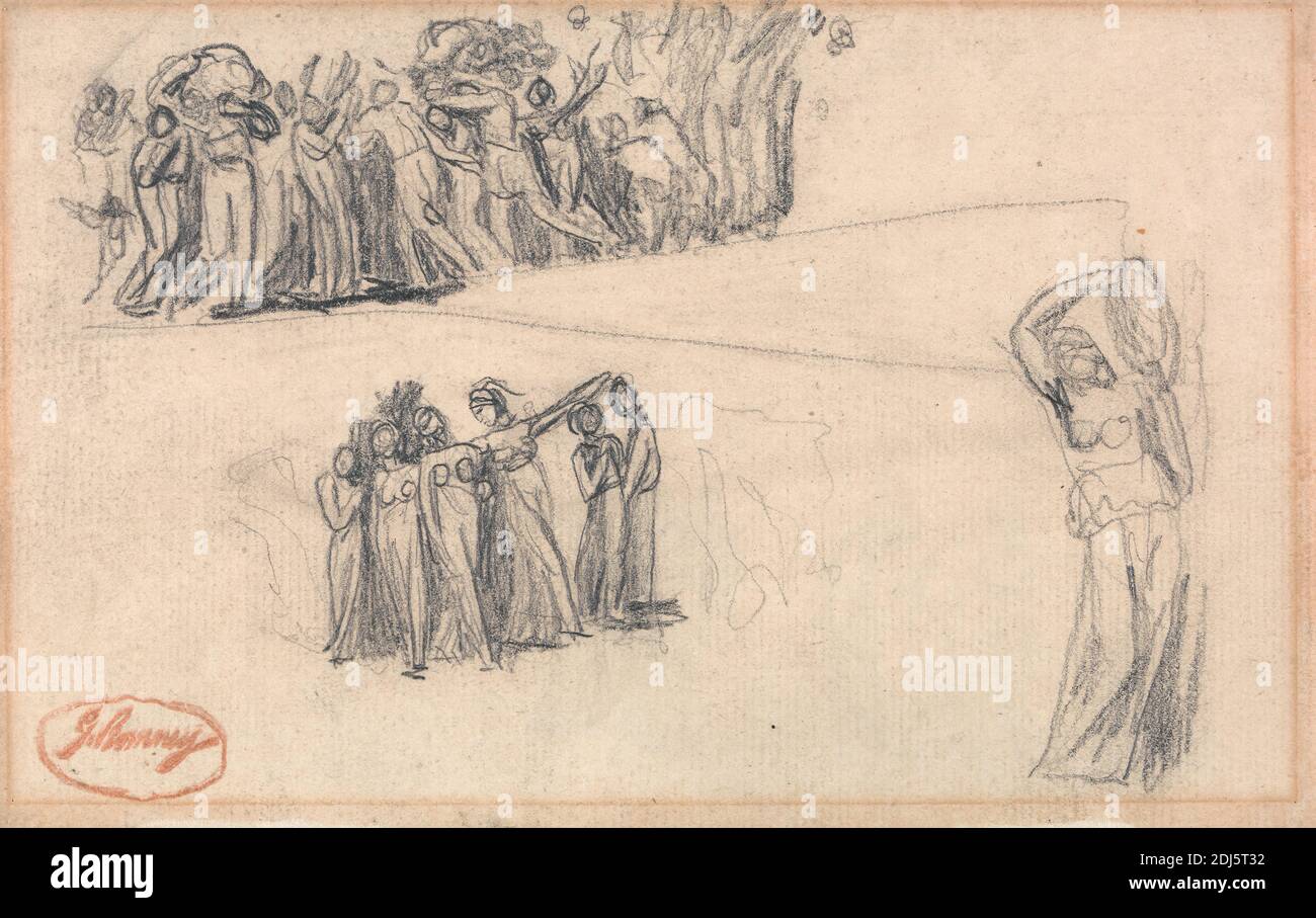 Zwei Skizzen von Frauen und Kindern, die auf der Flucht und im Stehen sind, weibliche Figur, die Tambourine spielt, wie für Lady Anne Leveson in 'Dancing Gower Children', George Romney, 1734–1802, britisch, undatiert, Graphit auf Medium, leicht strukturiert, beigefarbenes Papier, Blatt: 4 1/2 x 7 1/8 Zoll (11.4 x 18.1 cm), Kinder, Menschenmenge, Figur, Figurenstudie, Skizzen, stehend, Tamburin, Frau Stockfoto