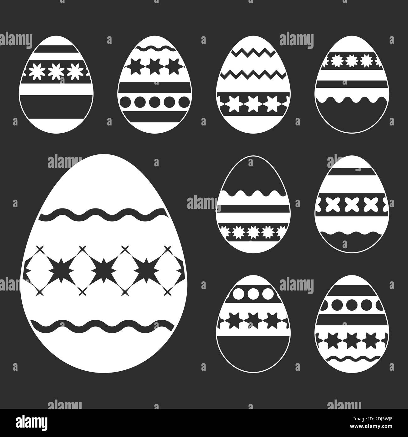 Set aus weißen isolierten Ostereiern auf schwarzem Hintergrund. Mit einem interessanten abstrakten Muster. Einfache flache Vektordarstellung. Geeignet für Dekoratio Stock Vektor