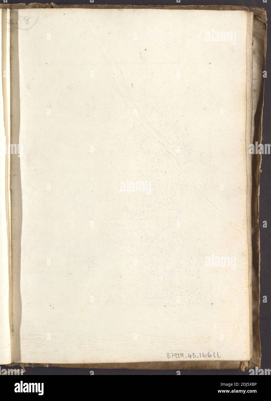 Seite 58, Blank, Alexander Cozens, 1717–1786, Britisch, 1746, Graphit auf Medium, leicht strukturiert, cremefarbenes Papier, Pergament gebunden, Spine: 7 5/8 Zoll (19.4 cm) und Blatt: 7 3/8 x 5 1/8 Zoll (18.7 x 13 cm), architektonisches Motiv, Gebäude, Forum, Grand Tour, Ruinen, Skizzen, Bäume, Italien, Rom Stockfoto