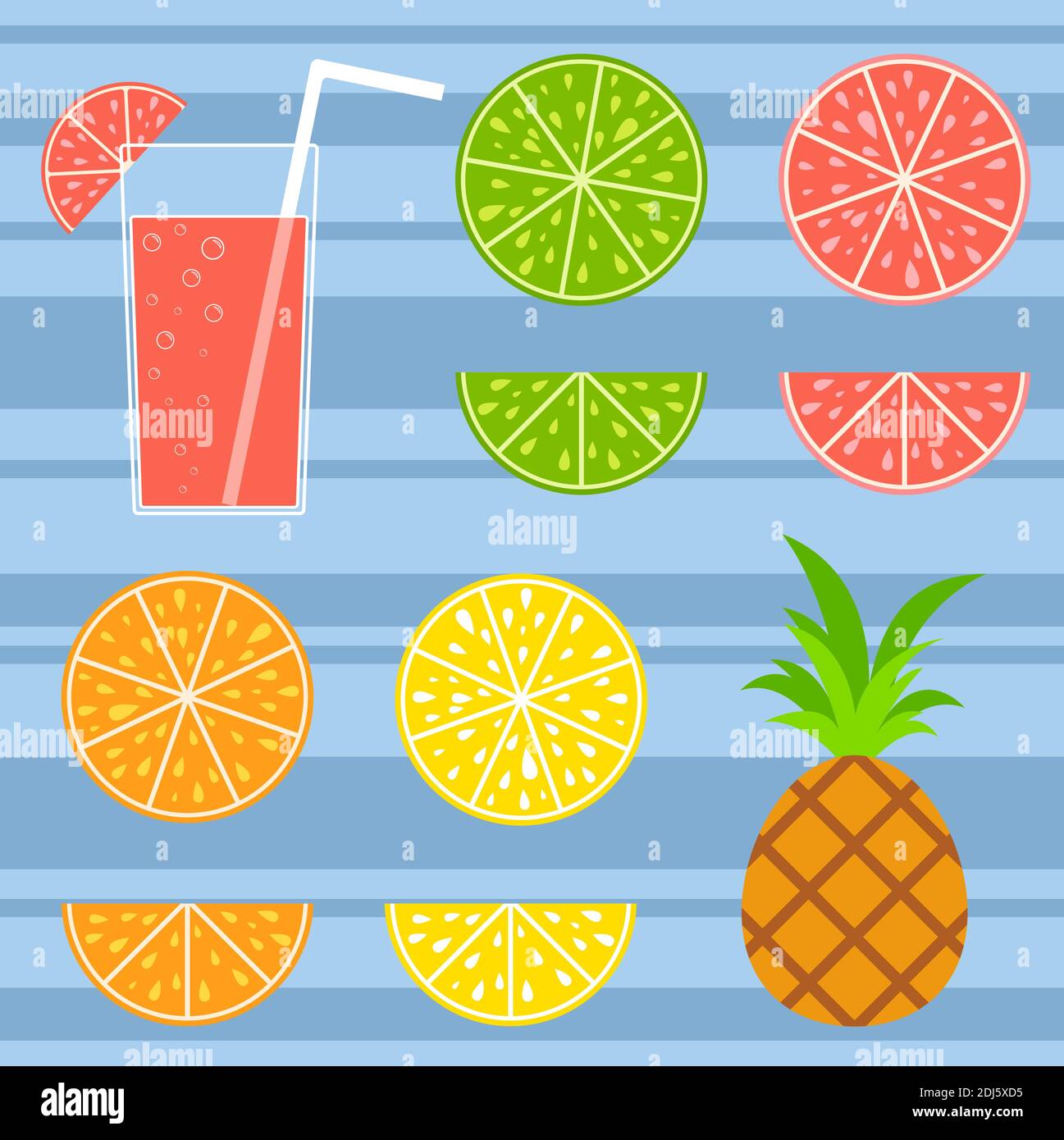 Set von farbigen isolierten leckeren Zitrusfrüchten auf einem gestreiften Hintergrund. Saftiges, helles, köstliches tropisches Essen. Limette, Zitrone, Grapefruit, Orange, Zirbeldrüse Stock Vektor