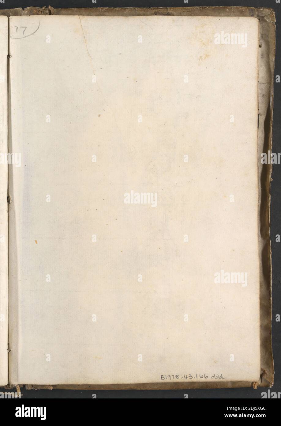 Seite 77, Blank, Alexander Cozens, 1717–1786, Britisch, 1746, Graphit auf Medium, leicht strukturiert, cremefarbenes Papier, Pergament gebunden, Spine: 7 5/8 Zoll (19.4 cm) und Blatt: 7 3/8 x 5 1/8 Zoll (18.7 x 13 cm), architektonisches Motiv, Gebäude, Forum, Grand Tour, Ruinen, Skizzen, Bäume, Italien, Rom Stockfoto