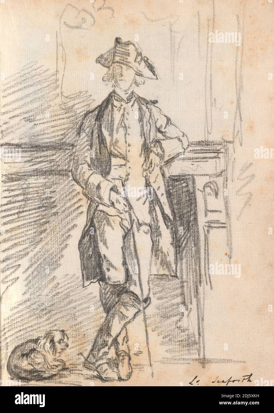 Lord Seaforth in einem Tricornhut an einem Mantelpiece, ein Hund zu seinen Füßen, Thomas Patch, 1725–1782, britisch, 1760er Jahre, Schwarze Kreide auf Medium, leicht strukturiert, cremefarbenes Papier gebunden in Carta fiorentina, Blatt: 8 3/4 x 6 1/2 Zoll (22.2 x 16.5 cm) und Wirbelsäule: 8 7/8 Zoll (22.5 cm), Grand Tour, Hochformat Stockfoto