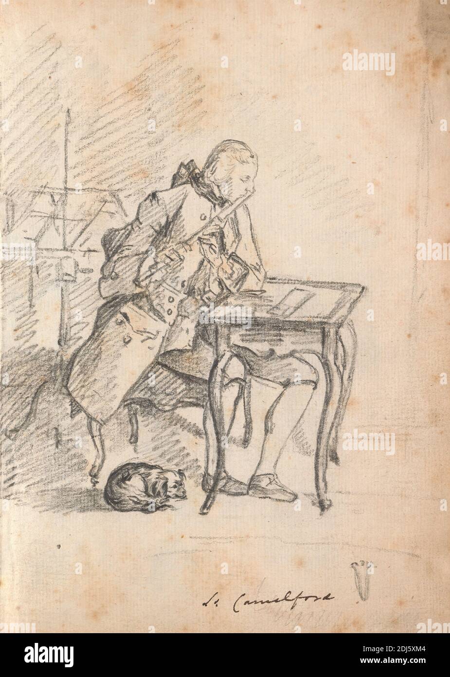 Lord Camelford sitzend an einem Flötentisch, ein Hund zu seinen Füßen, Thomas Patch, 1725–1782, britisch, 1760s, Schwarze Kreide auf Medium, leicht strukturiert, cremefarbenes Papier gebunden in Carta fiorentina, Blatt: 8 3/4 x 6 1/2 Zoll (22.2 x 16.5 cm) und Wirbelsäule: 8 7/8 Zoll (22.5 cm), Grand Tour, Hochformat Stockfoto