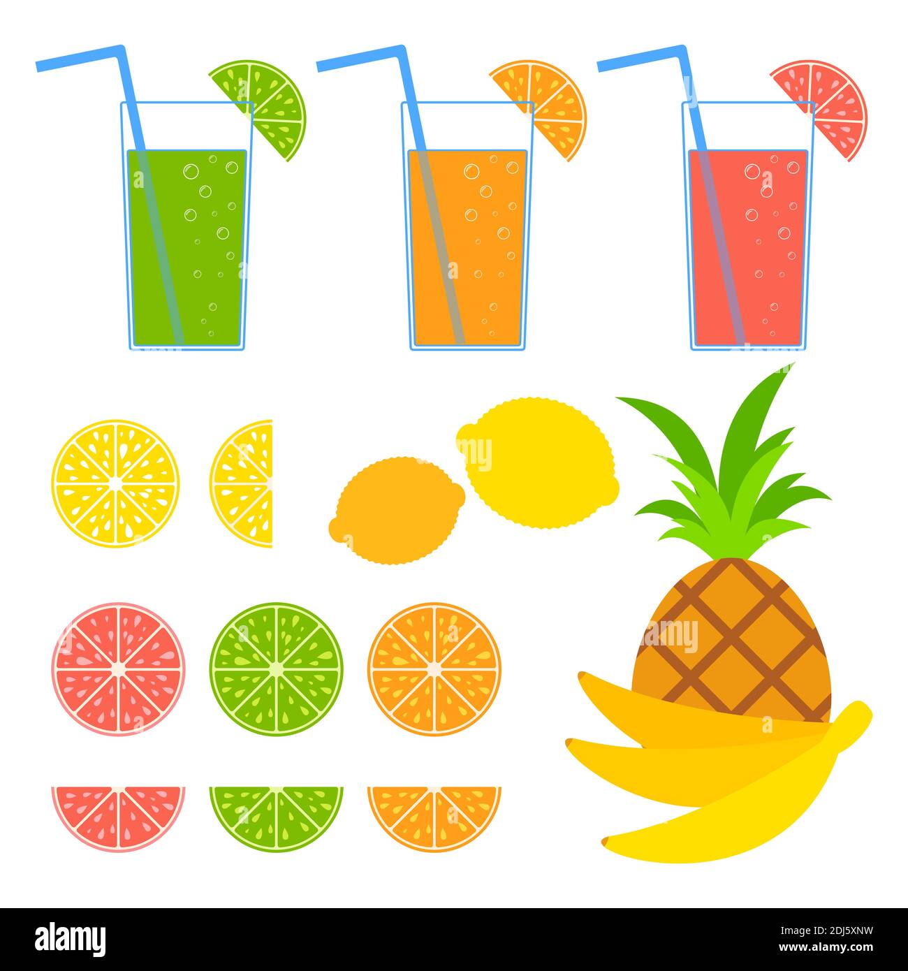 Set von farbigen isolierten köstlichen Früchten. Saftiges, helles, köstliches tropisches Essen. Limette, Zitrone, Grapefruit, Orange, Bananen, Ananas, Cocktails Stock Vektor