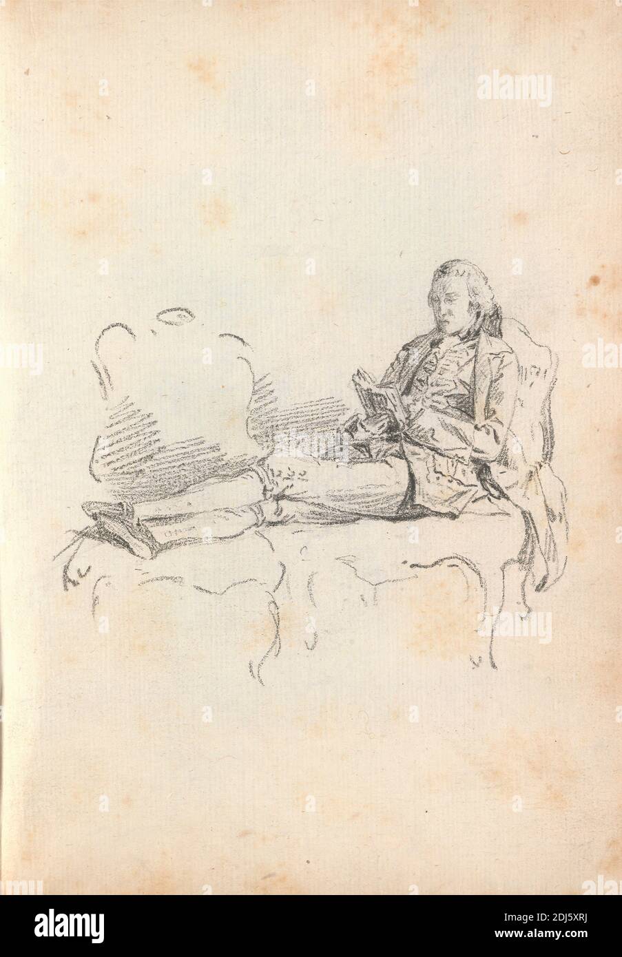 Ein Mann sitzt auf einem Stuhl, seine Füße ruhen auf einem anderen, Reading a Book, Thomas Patch, 1725–1782, britisch, 1760s, Schwarze Kreide auf Medium, leicht strukturiert, cremefarbenes Papier gebunden in Carta fiorentina, Blatt: 8 3/4 x 6 1/2 Zoll (22.2 x 16.5 cm) und Wirbelsäule: 8 7/8 Zoll (22.5 cm), Grand Tour, Hochformat Stockfoto