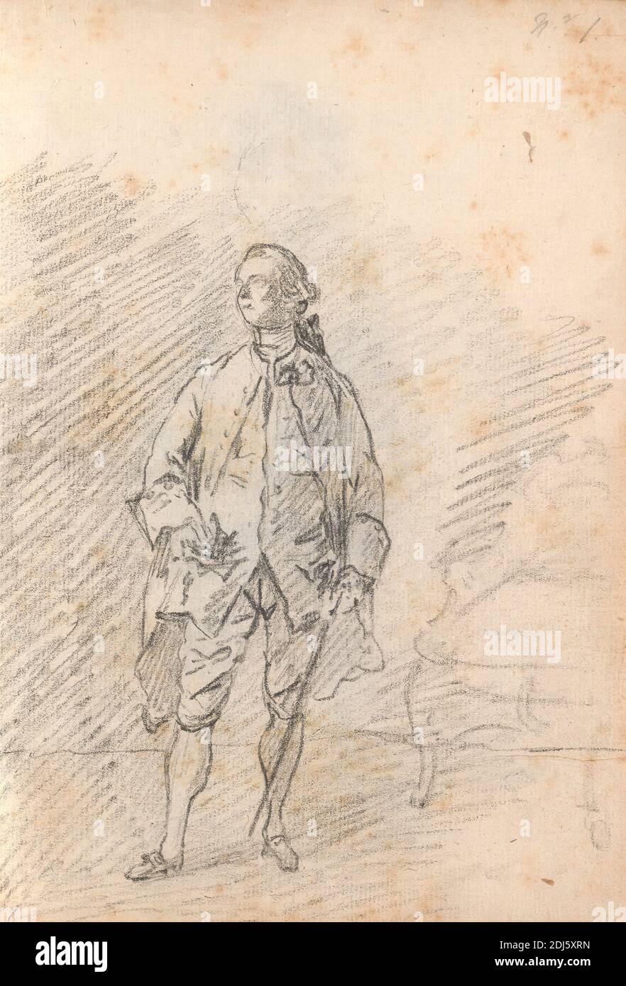 A man Standing Holding a Sword, Thomas Patch, 1725–1782, British, 1760er, Schwarze Kreide auf Medium, leicht strukturiert, cremefarbenes Papier, gebunden in Carta fiorentina, Blatt: 8 3/4 x 6 1/2 Zoll (22.2 x 16.5 cm) und Wirbelsäule: 8 7/8 Zoll (22.5 cm), Grand Tour, Portrait Stockfoto