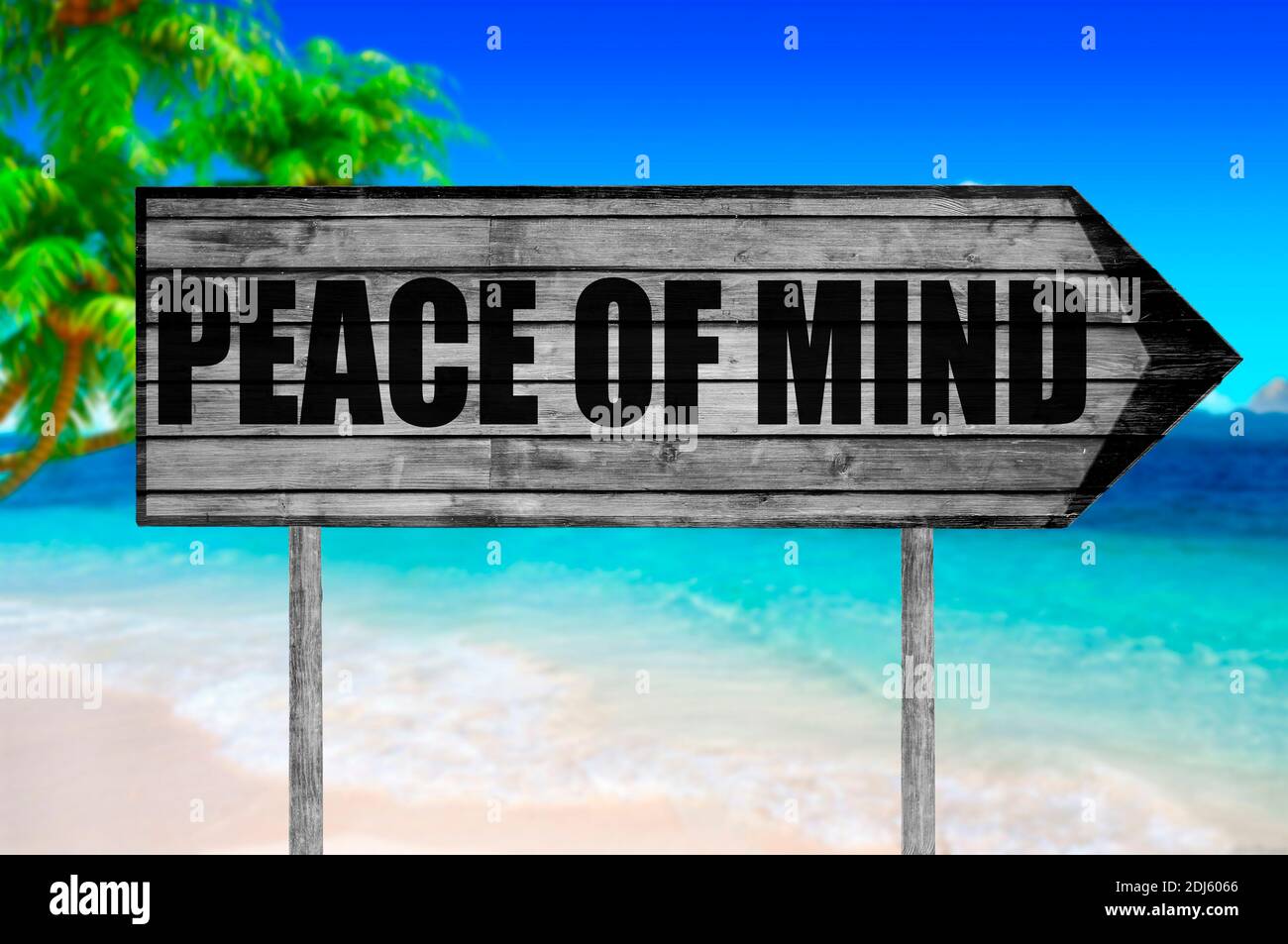 Peace of Mind Holzschild mit Strand Hintergrund Stockfoto