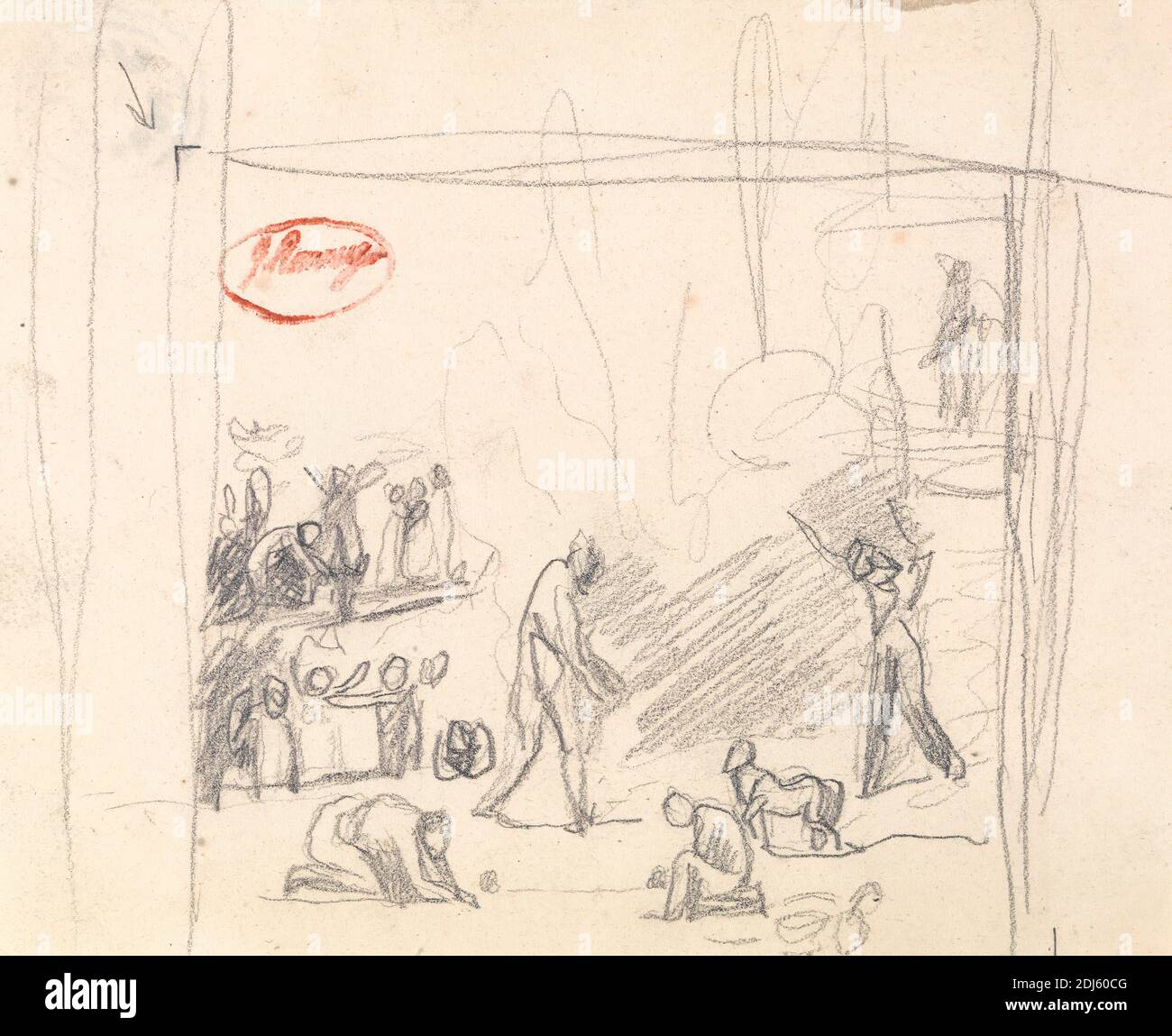 Nicht identifizierte Themen, George Romney, 1734–1802, britisch, undatiert, Graphit auf Medium, leicht strukturiert, cremefarbenes Wove-Papier, Blatt: 5 1/2 x 6 7/8 Zoll (14 x 17.5 cm), literarisches Thema, Theaterstücke von William Shakespeare, Bühne, die Wintermärchen, Theatergestaltung von William Shakespeare Stockfoto