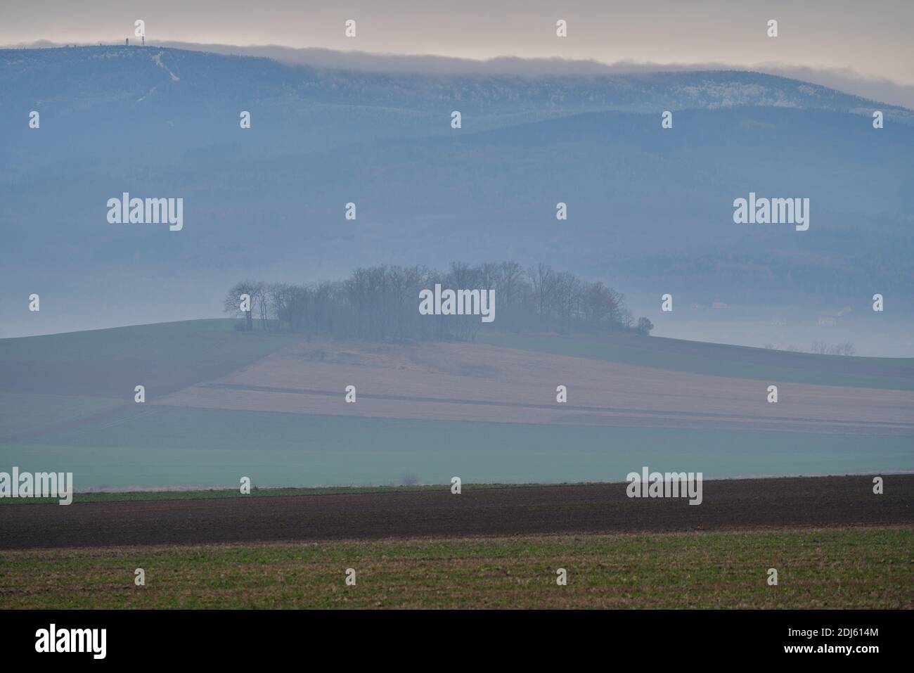 Dezember geheimnisvolle neblig, neblig bewölkt und launisch Winterlandschaft Góry sowie Niederschlesien Polen Stockfoto