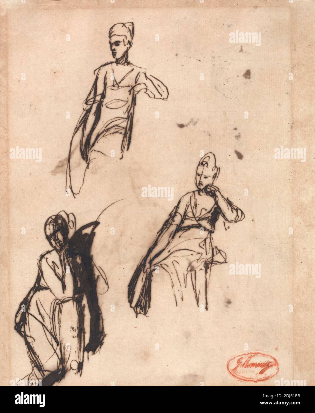 Sitzende Frau: Drei Posen, George Romney, 1734–1802, britisch, undatiert, braune Tinte auf mittelschwerem beigefarbenem Papier, Blatt: 7 3/4 x 6 3/8 Zoll (19.7 x 16.2 cm), Genremotiv, sitzend, Frau Stockfoto