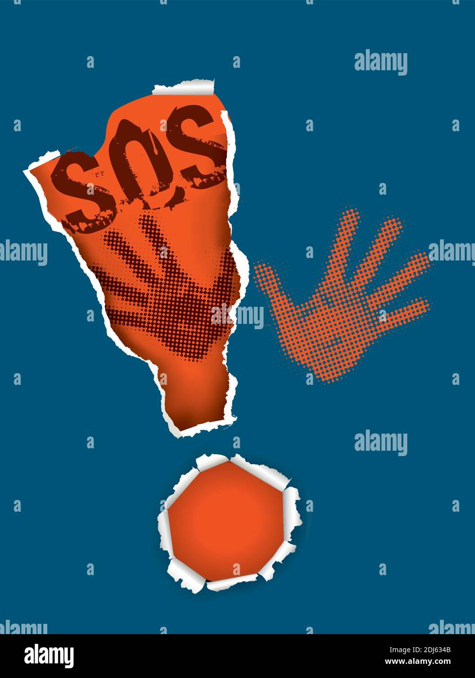 SOS, Opfer von Gewalt. Ausrufezeichen-Symbol auf Papier mit SOS-Zeichen und Handabzügen herausgerissen. Vektor verfügbar. Stock Vektor