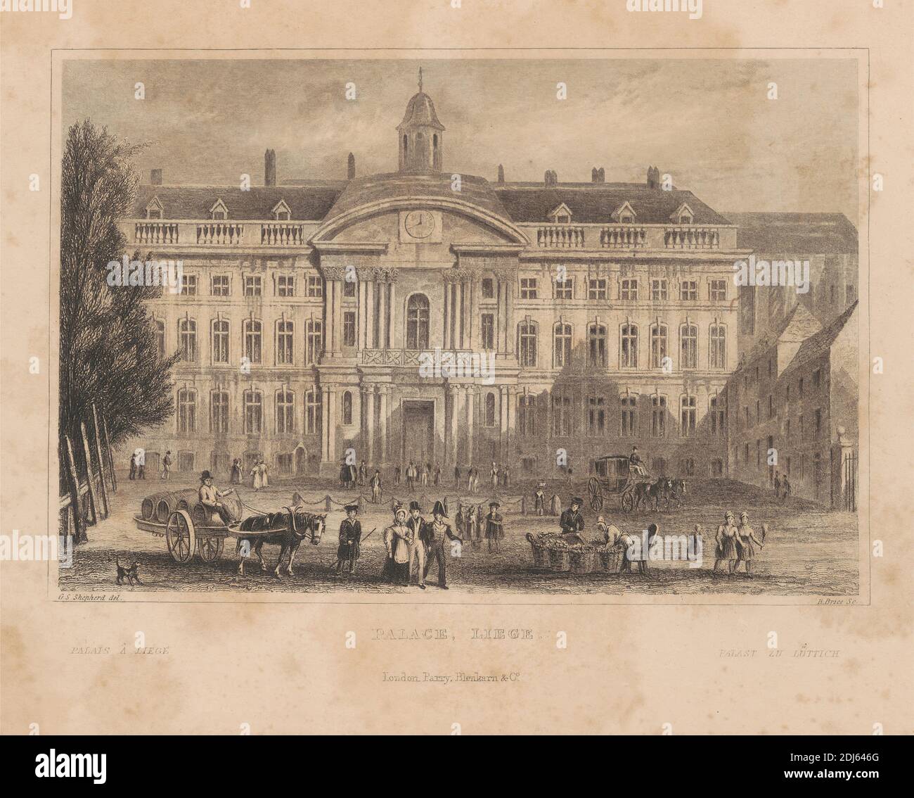 Palace, Lüttich, nach George Sidney Shepherd, 1784–1862, britisch, undatiert, Strichgravur auf mittelschwerem, leicht strukturiertem, cremefarbenen Wove-Papier Stockfoto