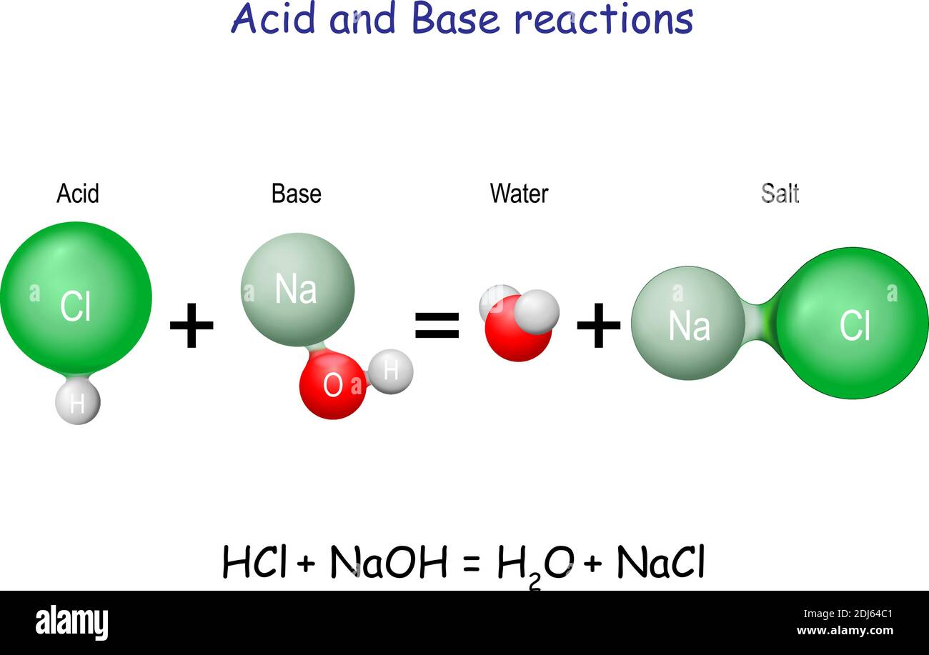 Säure-Base-Reaktion. Chemische Reaktion Neutralisierung der Säure-und Base-Eigenschaften,  Herstellung eines Salzes und Wasser. Verwendet, um pH-Wert zu bestimmen.  Bronsted-Lowry Th Stock-Vektorgrafik - Alamy