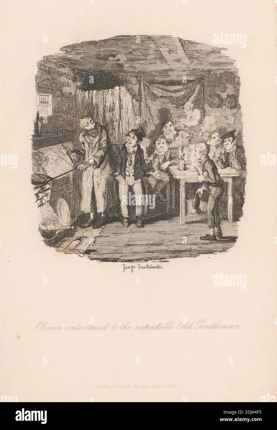 Oliver wird dem respektablen alten Gentleman vorgestellt, Druck von George Cruikshank, 1792–1878, British, 1837, Strichgravur auf mittelschwerem, leicht strukturiertem, cremefarbenen Wove-Papier Stockfoto