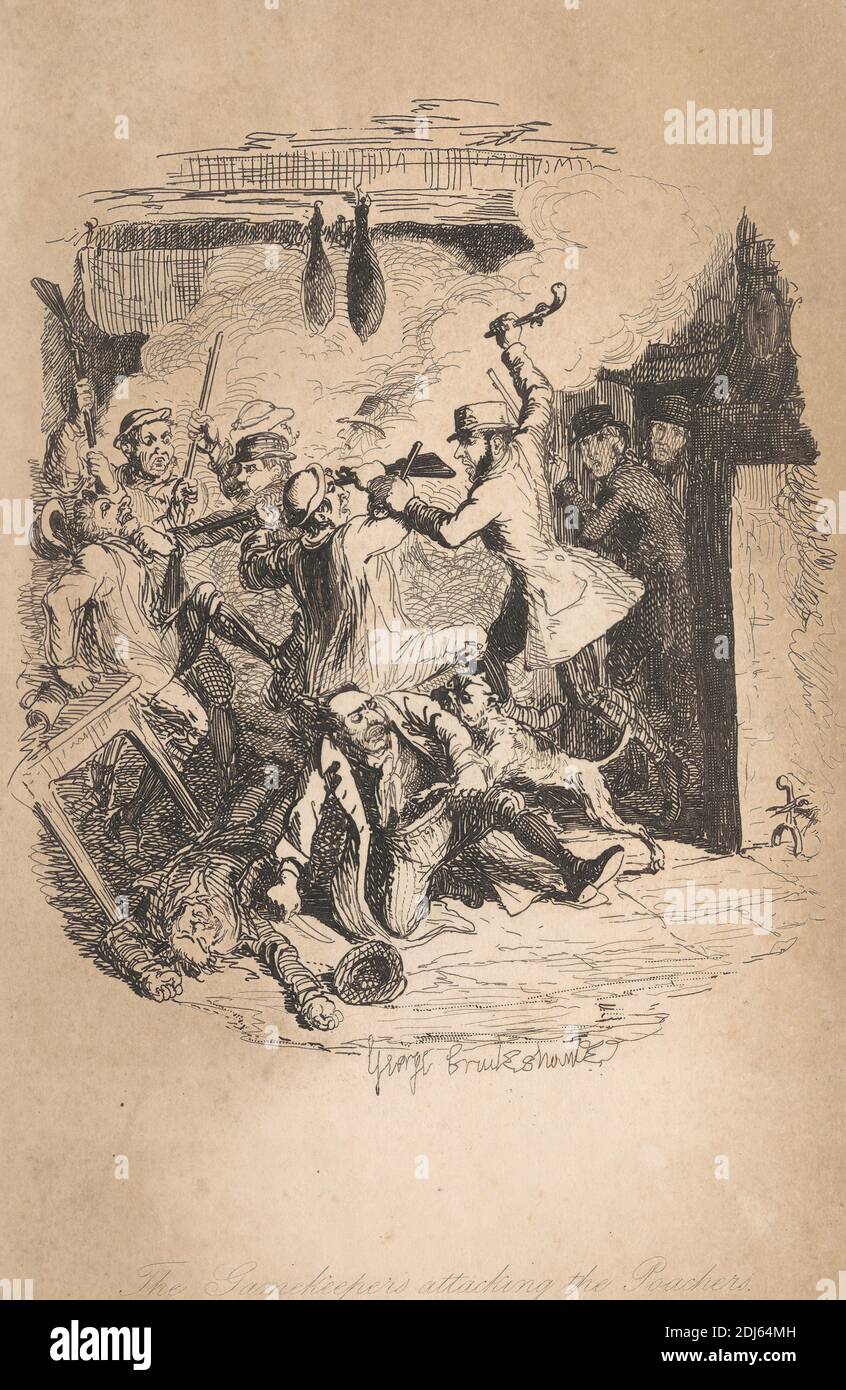 The Gamekeepers Attacking the Poachers, Print made by George Cruikshank, 1792–1878, britisch, undatiert, Radierung auf mittelschwerem, leicht strukturiertem, cremefarbenen Wove-Papier Stockfoto